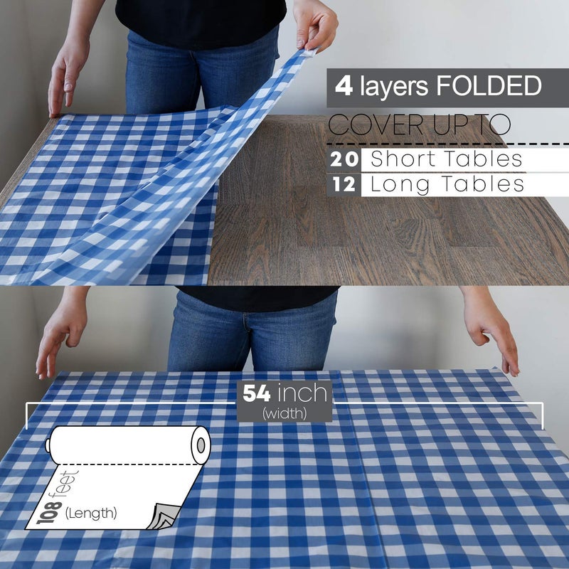 Neatiffy Disposable Plastic Table Cloth Roll | 54 in x 108 Ft Waterproof Tablecloth | Table Cover for Rectangle, Square, Round Oval Tables | Picnic, Party, Banquet, Birthdays, Weddings - Blue Gingham - Image 4
